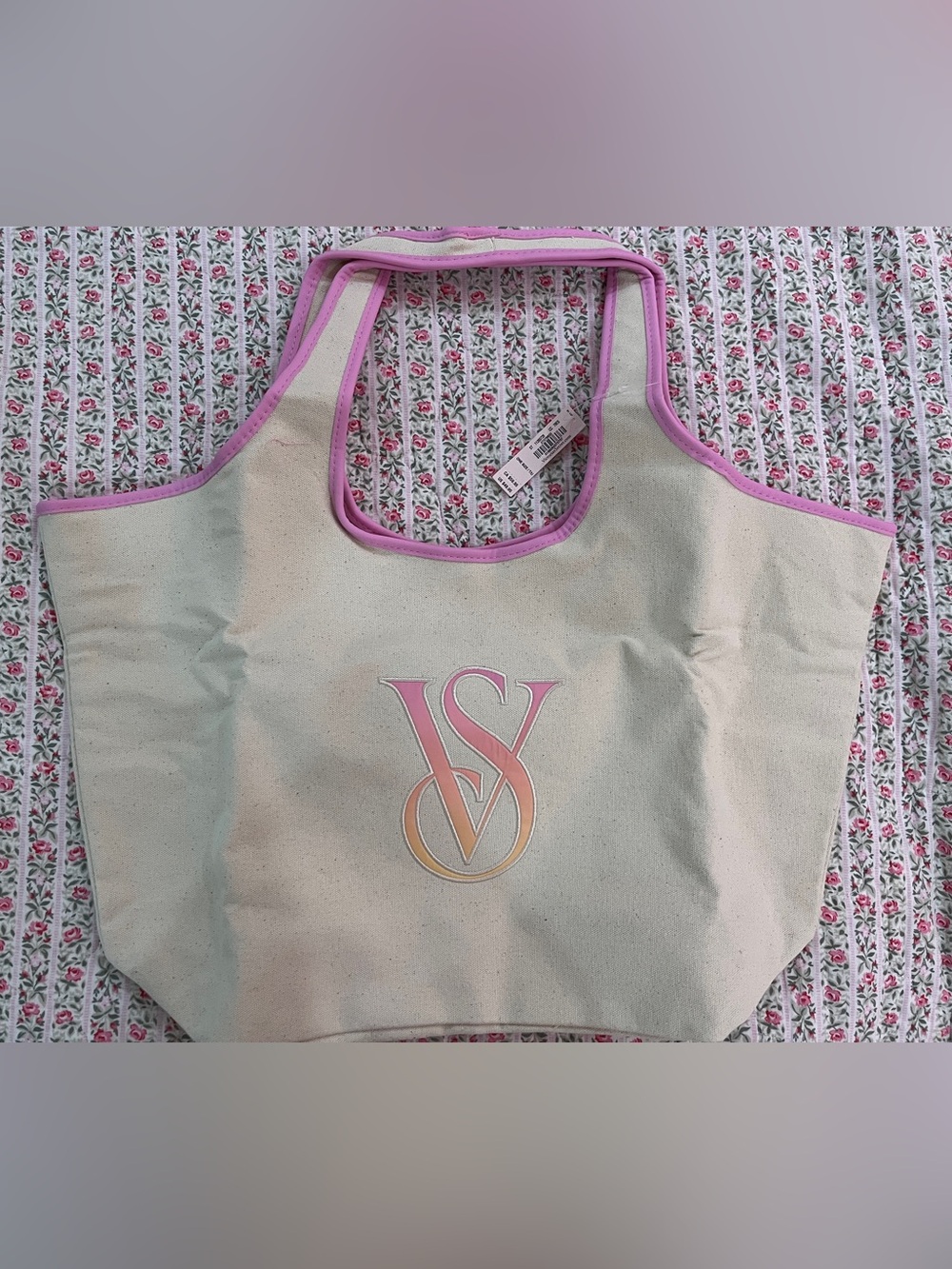 NEW Victoria's Secret Cream Canvas Tote with Pink Trim and Peach Gradient Logo